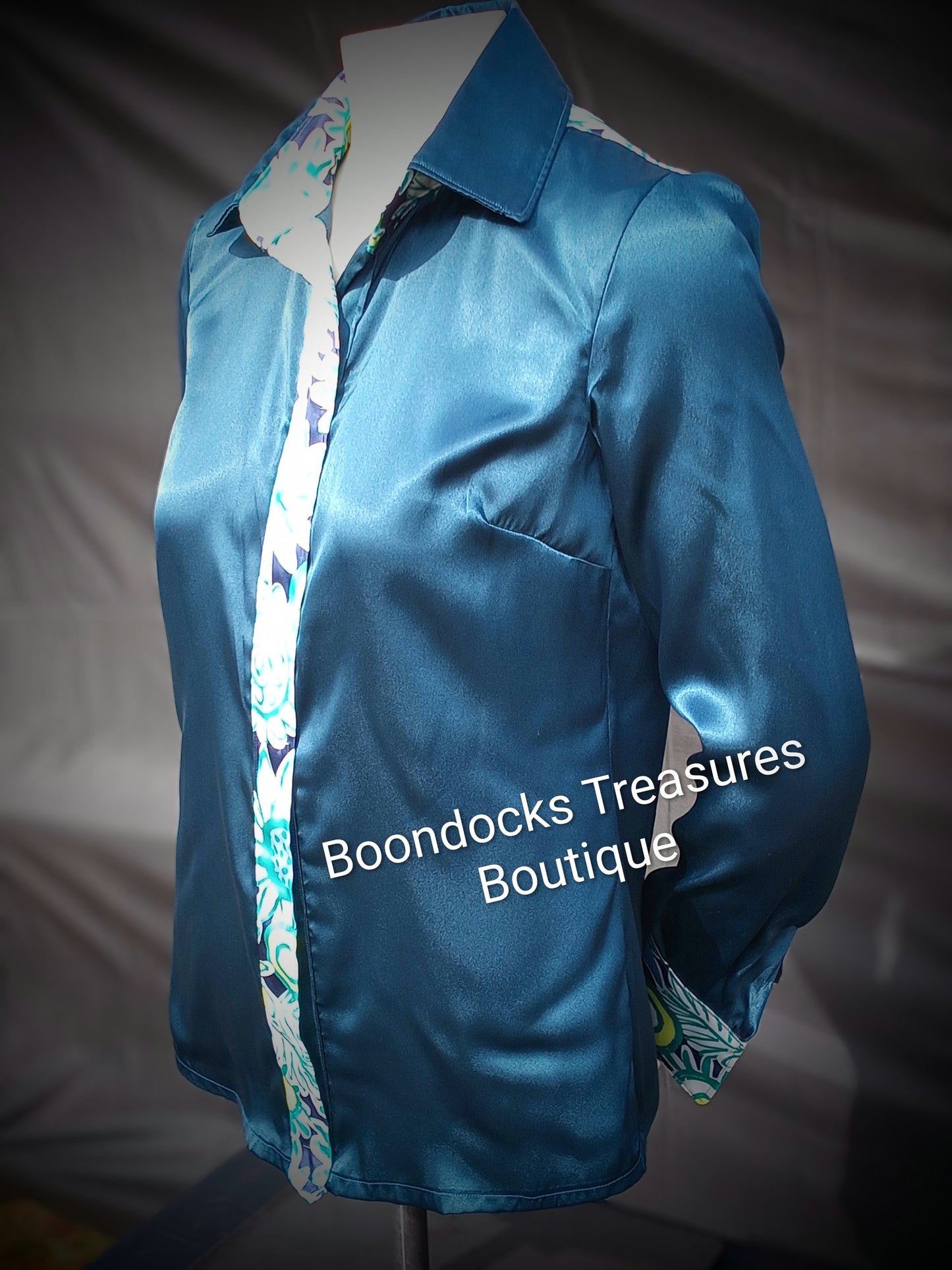 Navy blue satin shirt w/ "Hula Flowers"/drawn sunflowers print ACCENTS- Women's and Teen's Handmade Button up Shirts Pearl Snap Shirts Western Shirts Rodeo Shirts Show Shirts