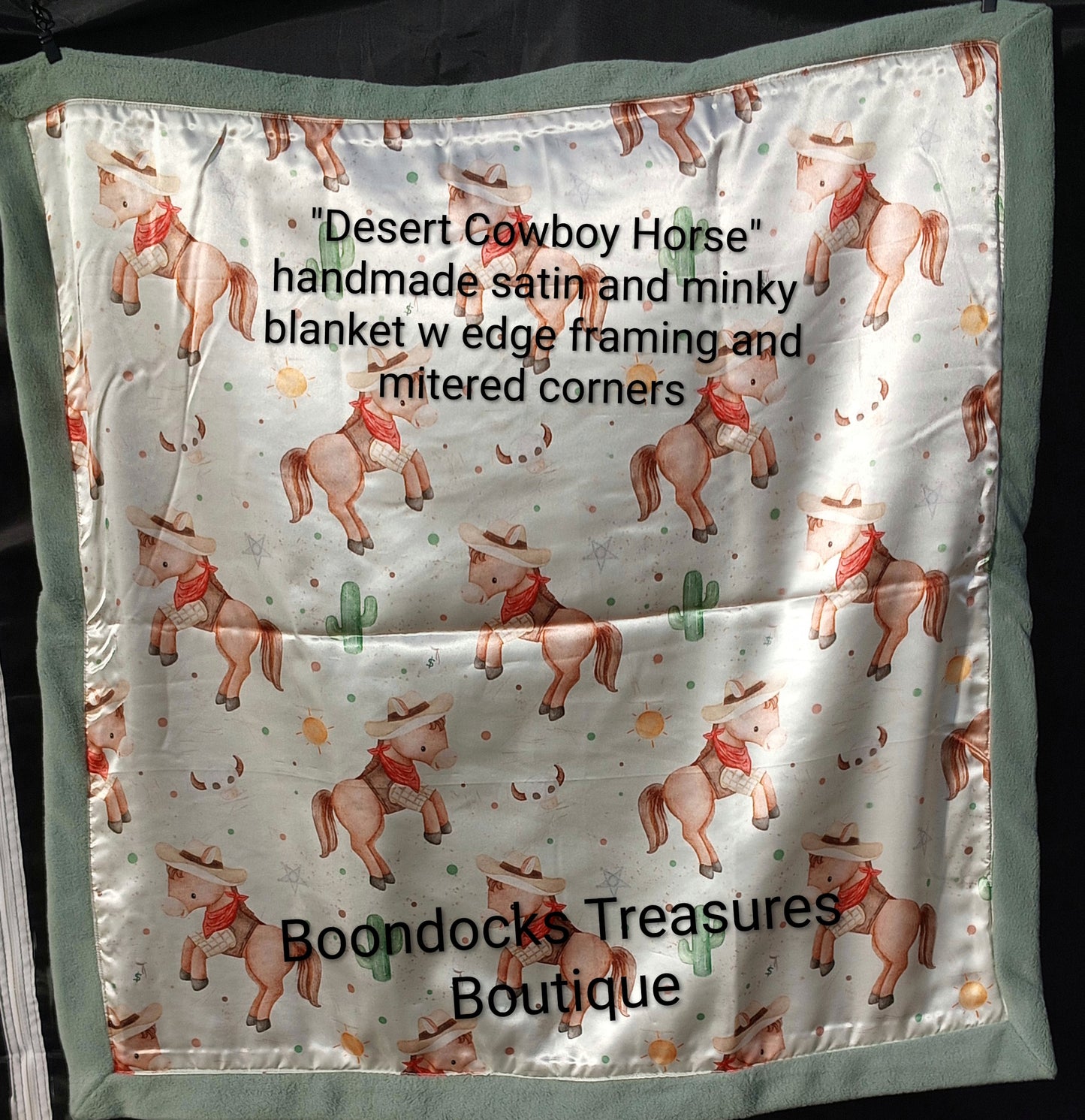 "Desert Cowboy Horse" handmade plush fleece and satin baby blanket