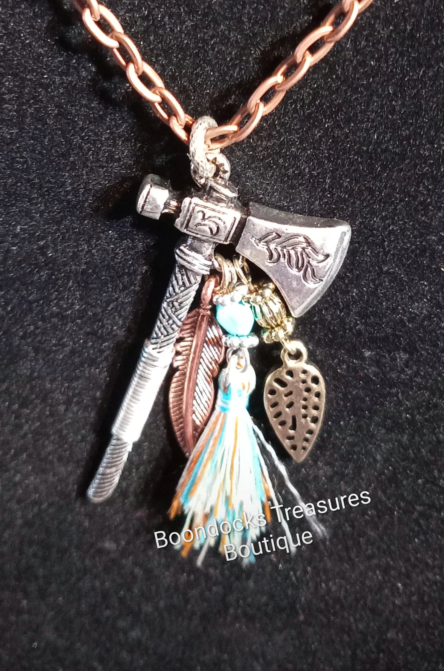 Silver Tomahawk Pendant w Feather on Copper Necklace- Handmade