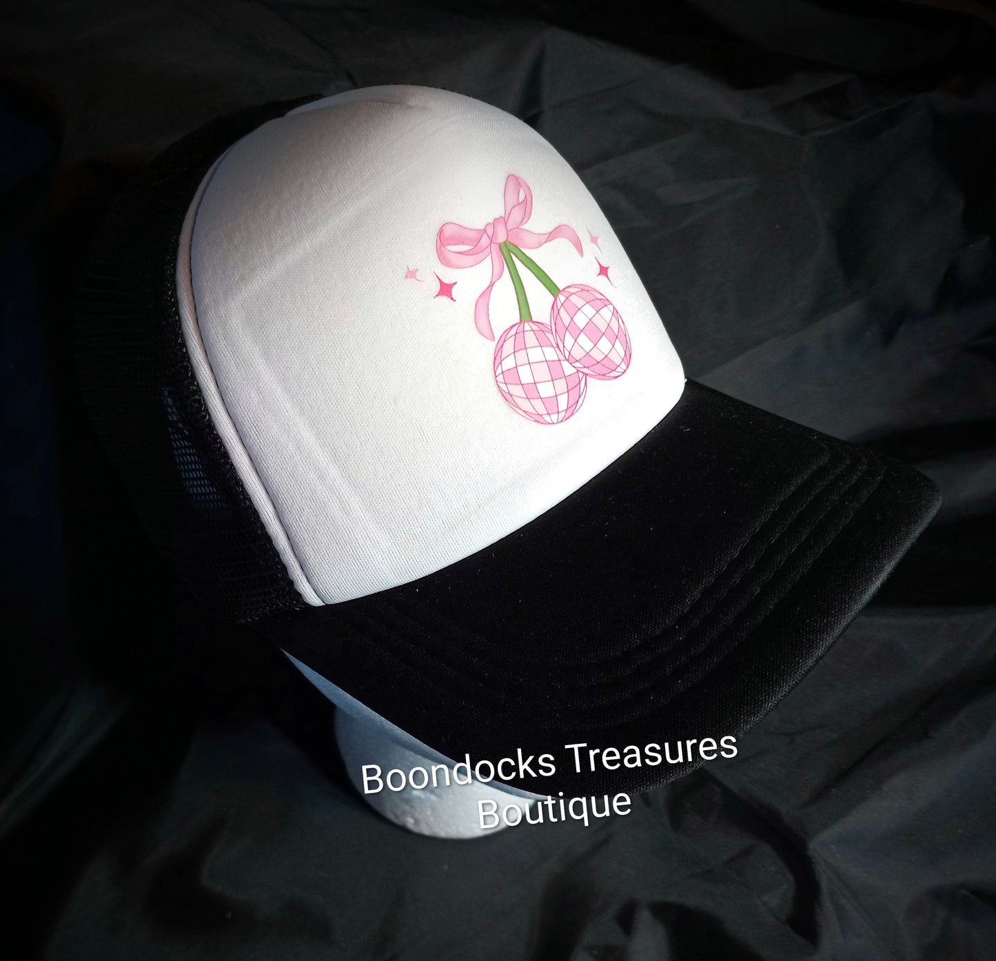 "Cherry Disco Balls w/ Pink Bow" on Black 🖤 Trucker Hat