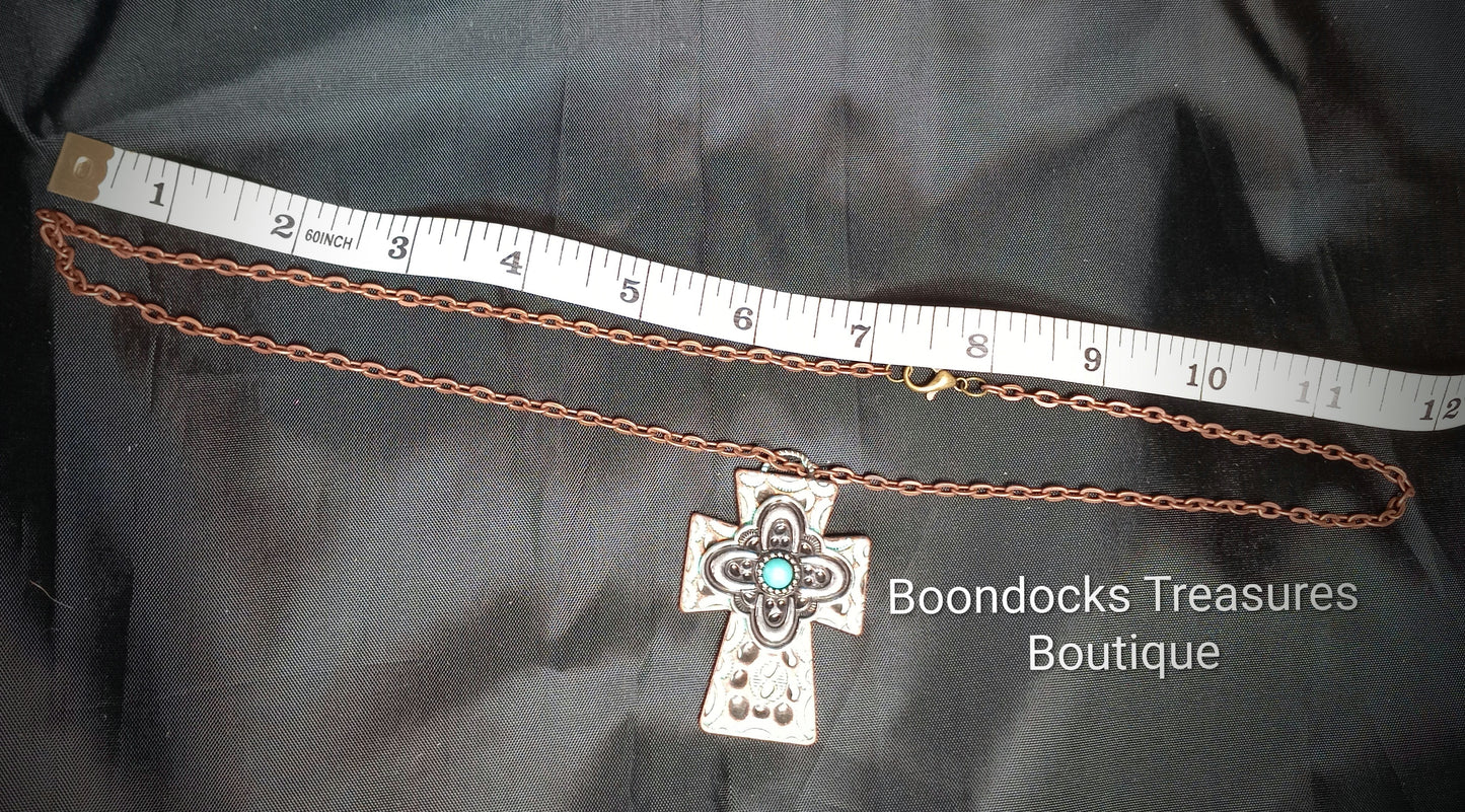 Silver and Turquoise Cross Pendant Necklace w Antique Brass Chain - Handmade