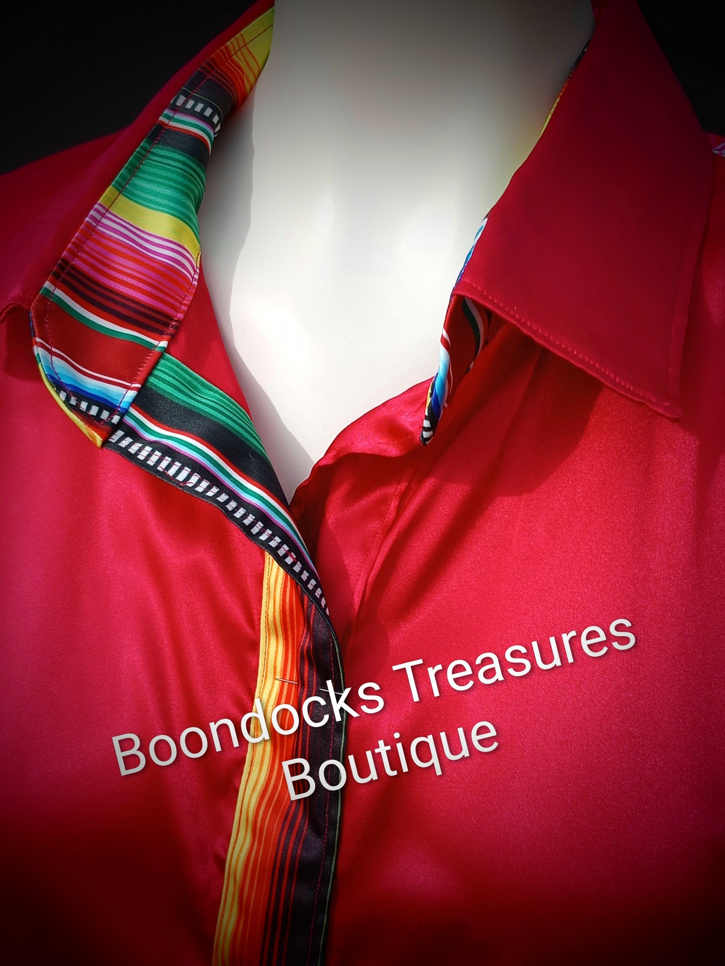 RED satin w/ SARAPE print ACCENTS- Women's and Teen's Handmade Button up Shirts Pearl Snap Shirts Western Shirts Rodeo Shirts Show Shirts