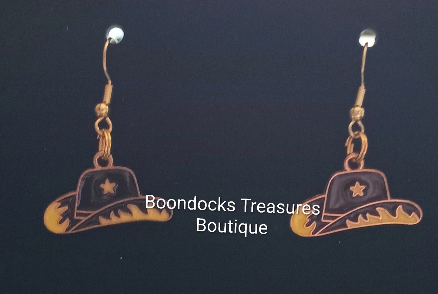 "Black and Yellow Painted Cowgirl Hat w/ Feather detail" Handmade Earrings