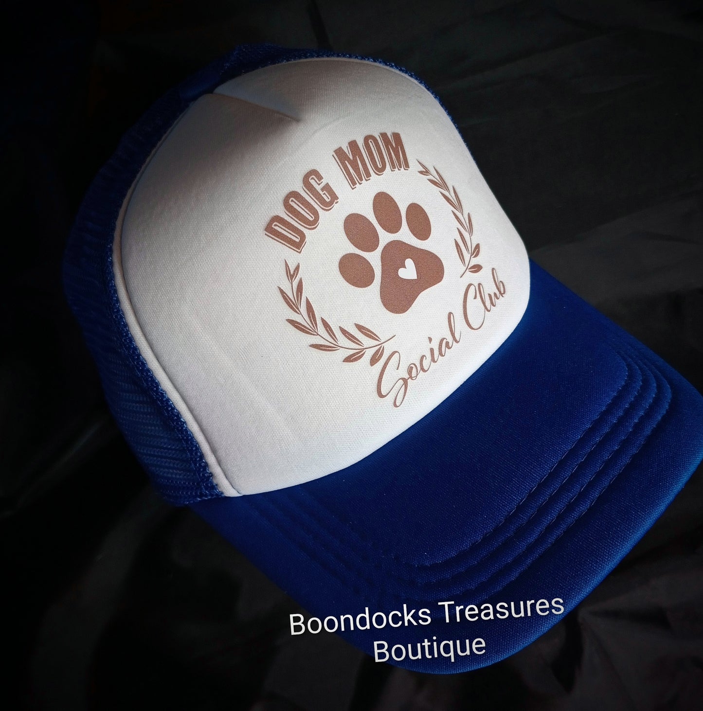 "Dog Mom Social Club" DTF transfer embellished in- house on Blue 💙 Trucker Hat