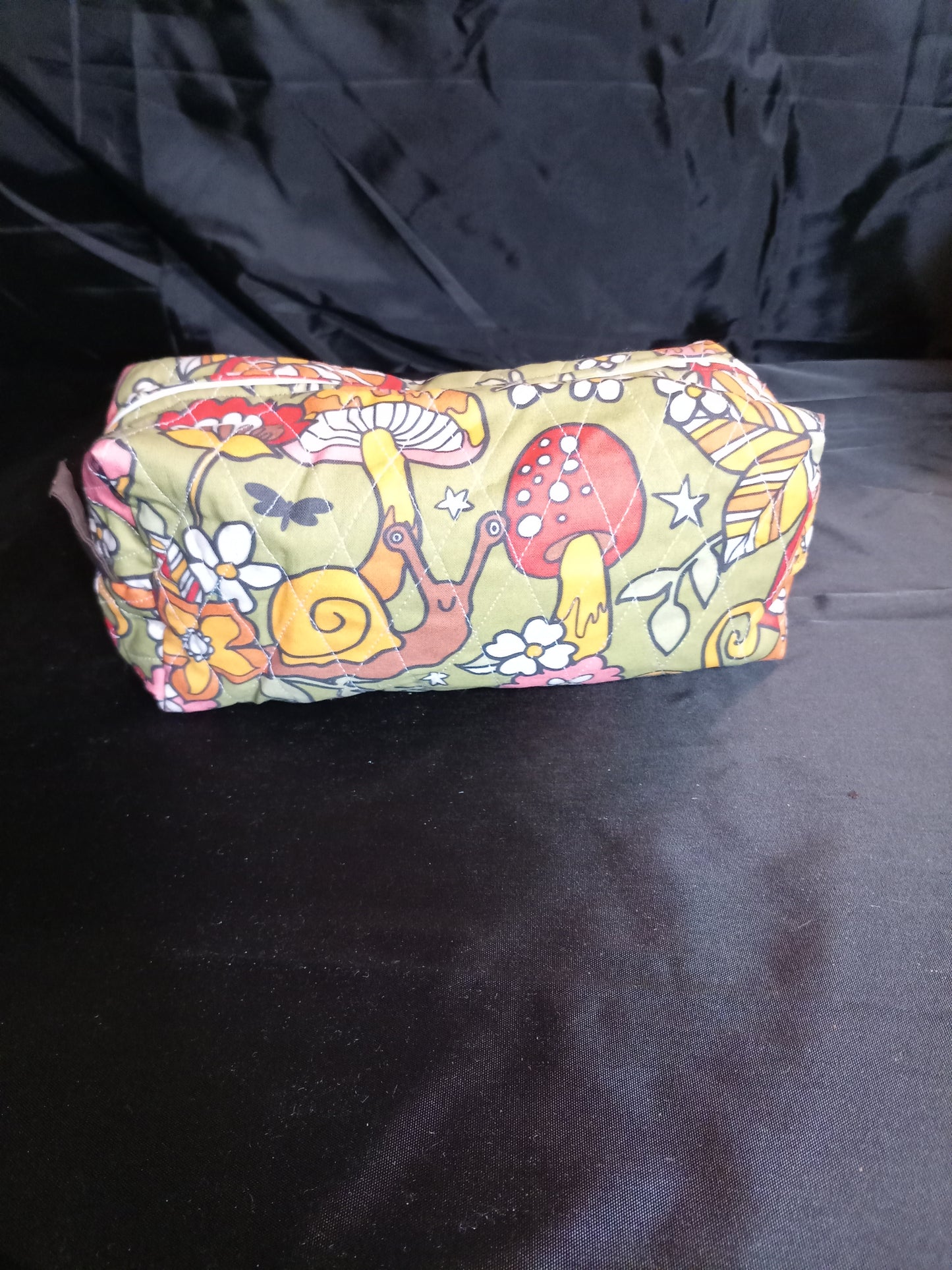 Handmade Quilted Multi-purpose Bag – 1970s vibe-"Mushrooms + Snails" Print- One-of-a-Kind