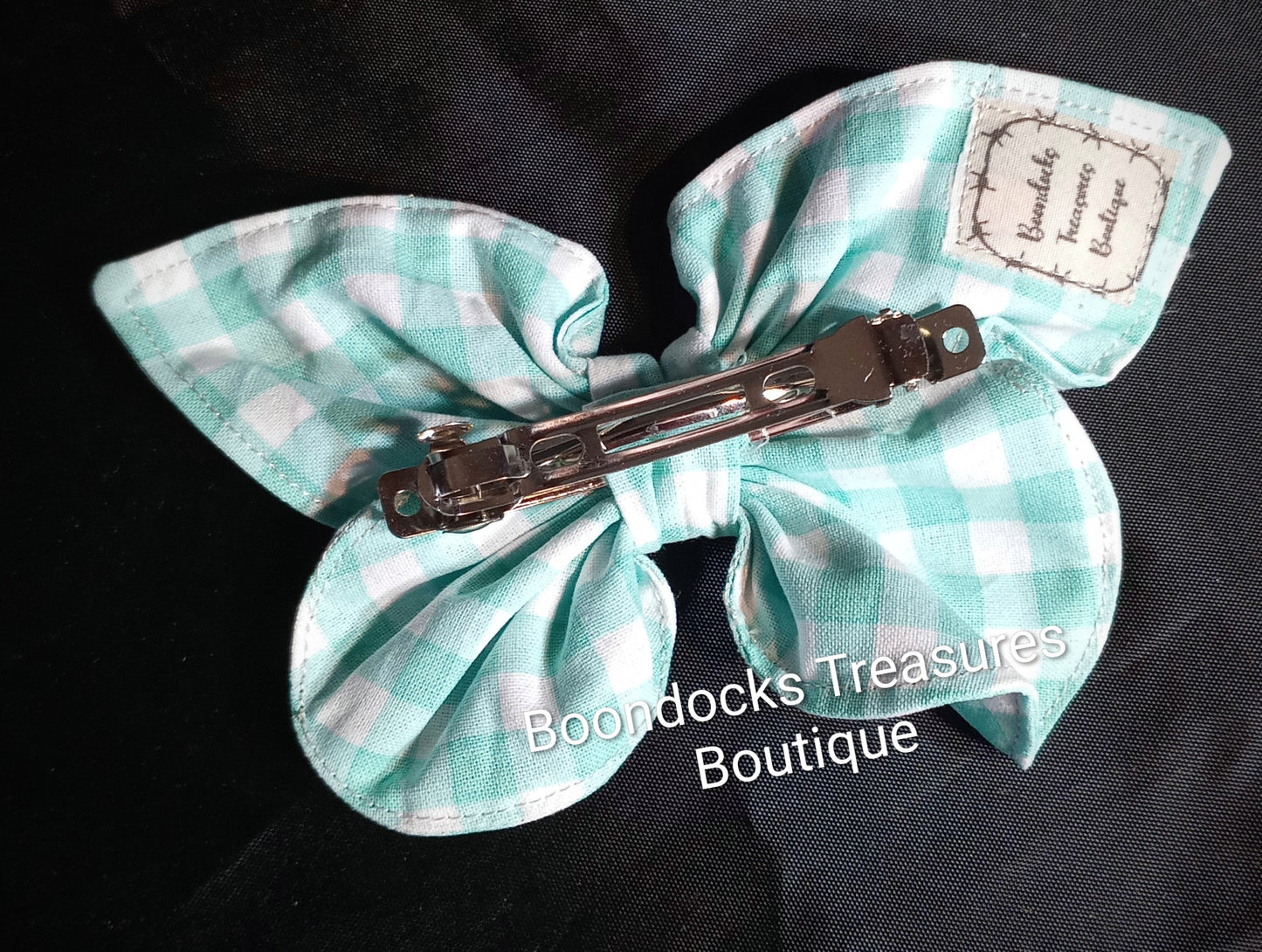 "Turquoise Gingham" Butterfly Handmade Hair Barrette