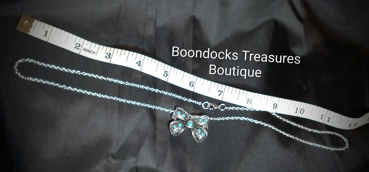 Silver and Turquoise Bow on Silver Chain Necklace-Handmade