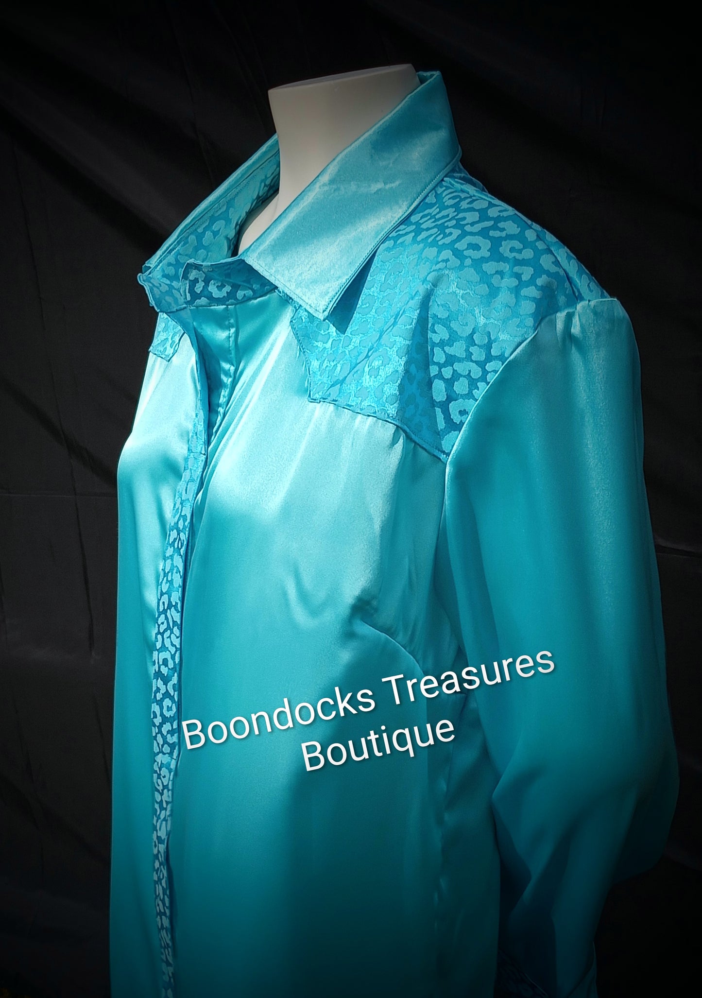 Turquoise satin shirt w/ turquoise cheetah print brocade ACCENTS- Women's and Teen's Handmade Button up Shirts Pearl Snap Shirts Western Shirts Rodeo Shirts Show Shirts