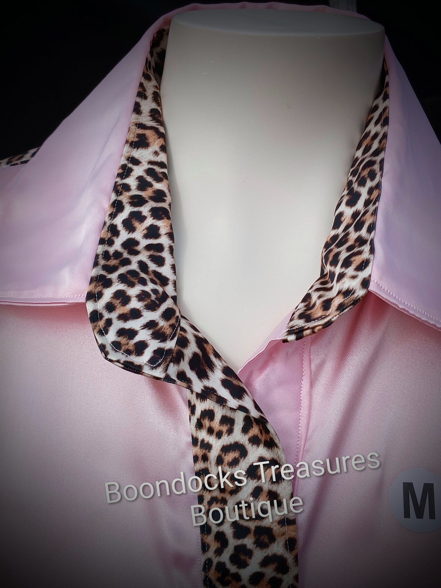 Baby Pink Satin w/ Cheetah print ACCENTS- Women's and Teen's Handmade Button up Shirts Pearl Snap Shirts Western Shirts Rodeo Shirts Show Shirts