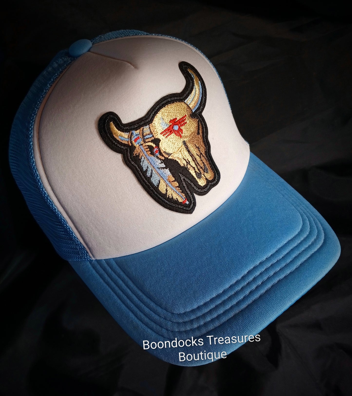 "Cow Skull w/ Feather" Patch embellished in- house on Light Blue 🩵 Trucker Hat