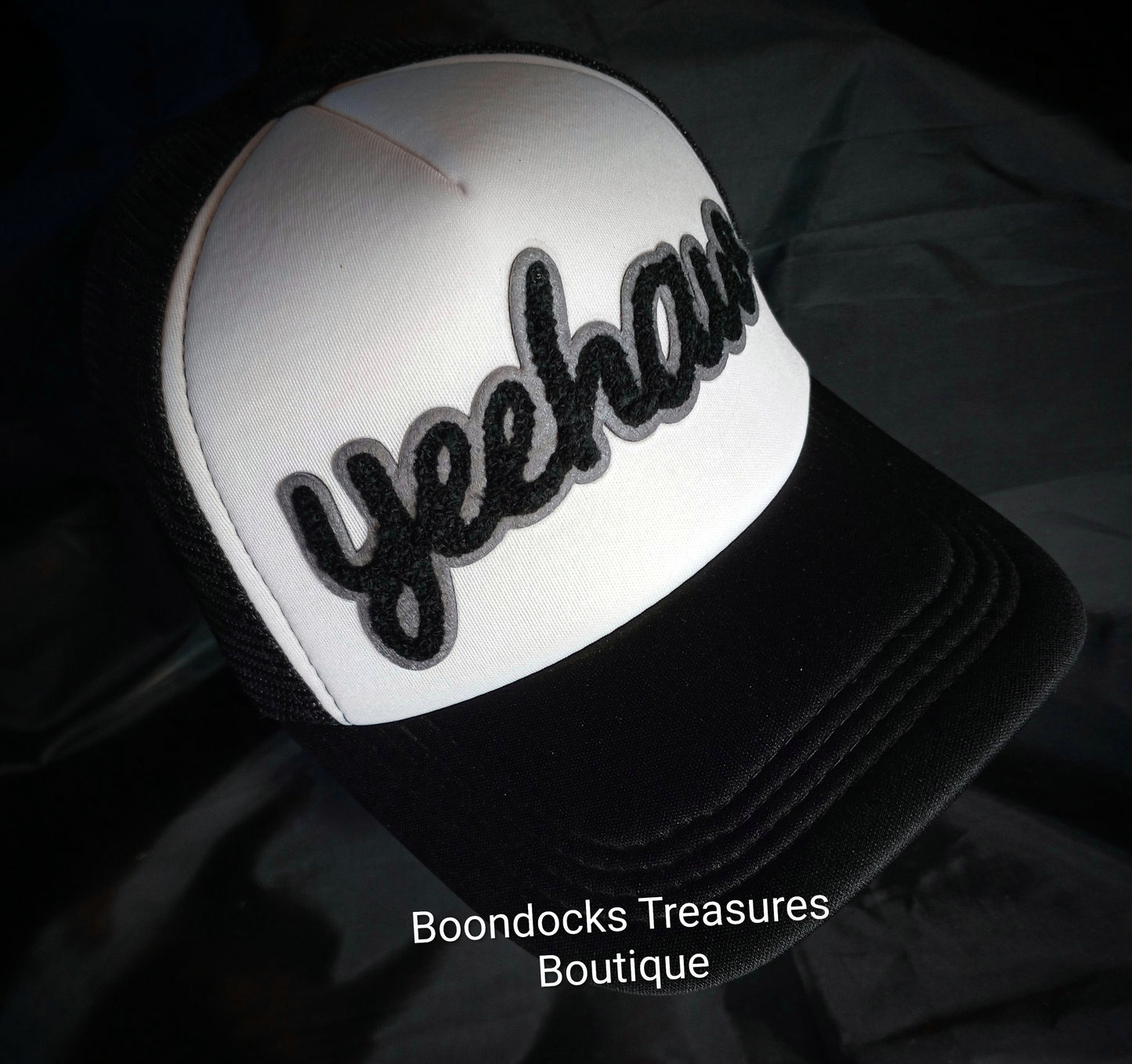 "Chenille Yeehaw" Patch embellished in- house on Black 🖤 Trucker Hat