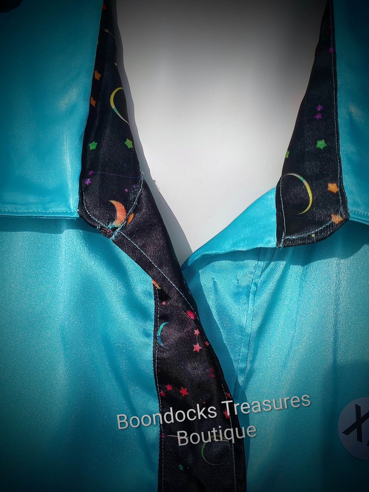 Turquoise satin shirt w/ rainbow constellations print ACCENTS- Women's and Teen's Handmade Button up Shirts Pearl Snap Shirts Western Shirts Rodeo Shirts Show Shirts