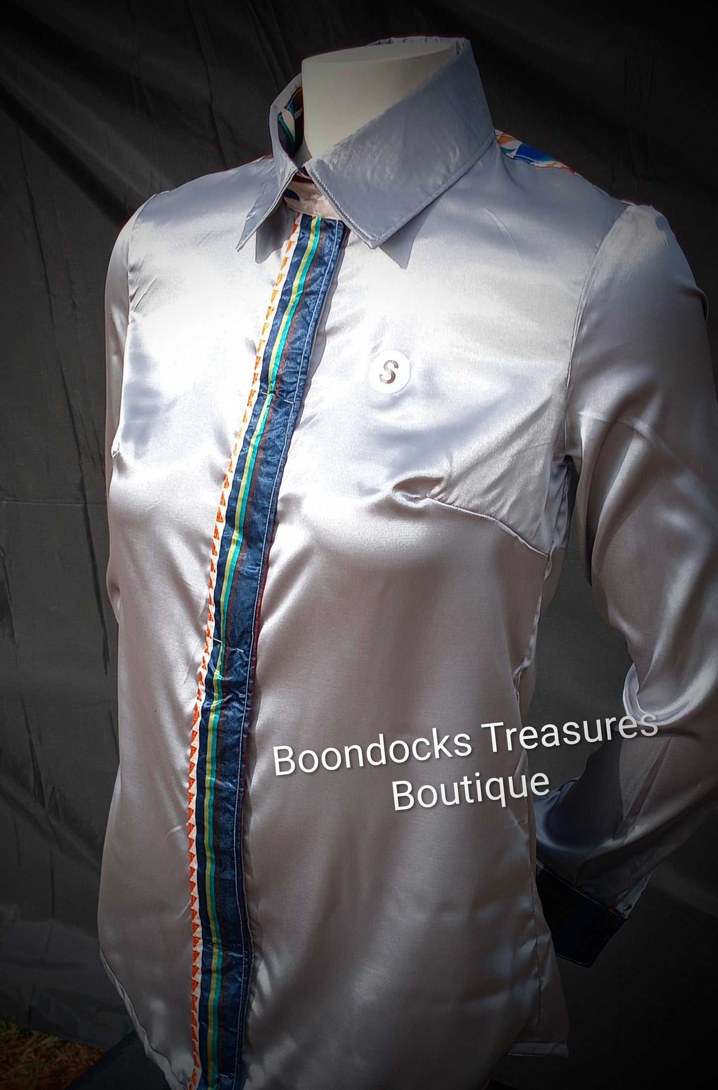 SILVER-GRAY satin shirt w/RAINBOW AZTEC print ACCENTS- Women's and Teen's Handmade Button up Shirts Pearl Snap Shirts Western Shirts Rodeo Shirts Show Shirts