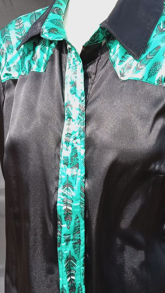Black satin shirt w/ feathers on teal print ACCENTS- Women's and Teen's Handmade Button up Shirts Pearl Snap Shirts Western Shirts Rodeo Shirts Show Shirts
