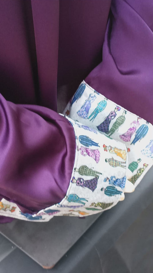 Purple satin shirt w/ Victorian Fashion print ACCENTS- Women's and Teen's Handmade Button up Shirts Pearl Snap Shirts Western Shirts Rodeo Shirts Show Shirts