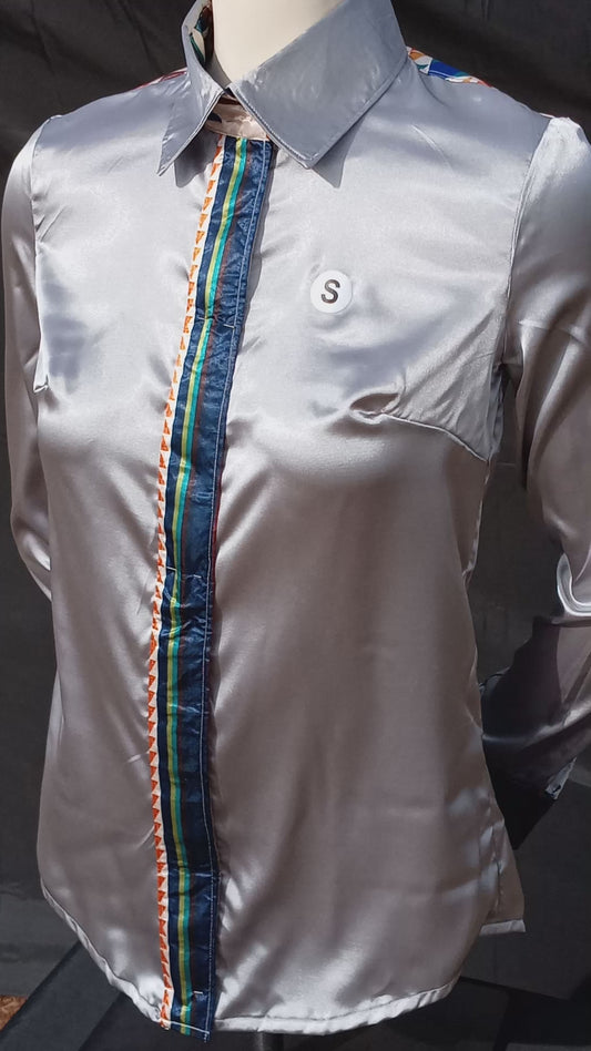SILVER-GRAY satin shirt w/RAINBOW AZTEC print ACCENTS- Women's and Teen's Handmade Button up Shirts Pearl Snap Shirts Western Shirts Rodeo Shirts Show Shirts