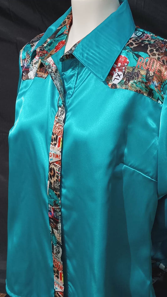 Turquoise satin shirt w/ "Rodeo Nights" print ACCENTS- Women's and Teen's Handmade Button up Shirts Pearl Snap Shirts Western Shirts Rodeo Shirts Show Shirts