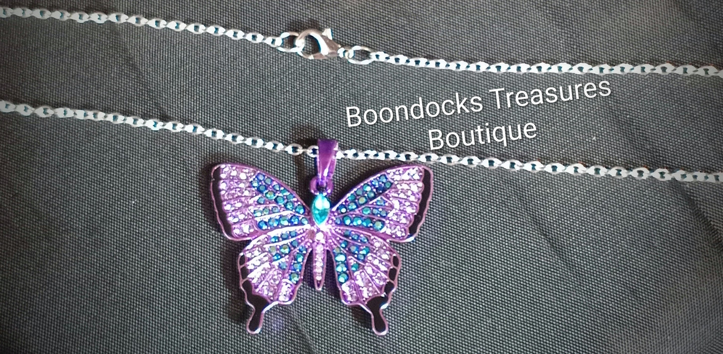Purple Rhinestone Butterfly 🦋 Pendant Necklace -Silver- Handmade