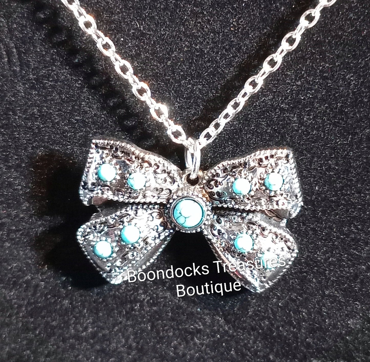 Silver and Turquoise Bow on Silver Chain Necklace-Handmade