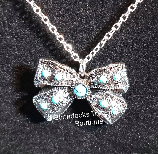 Silver and Turquoise Bow on Silver Chain Necklace-Handmade