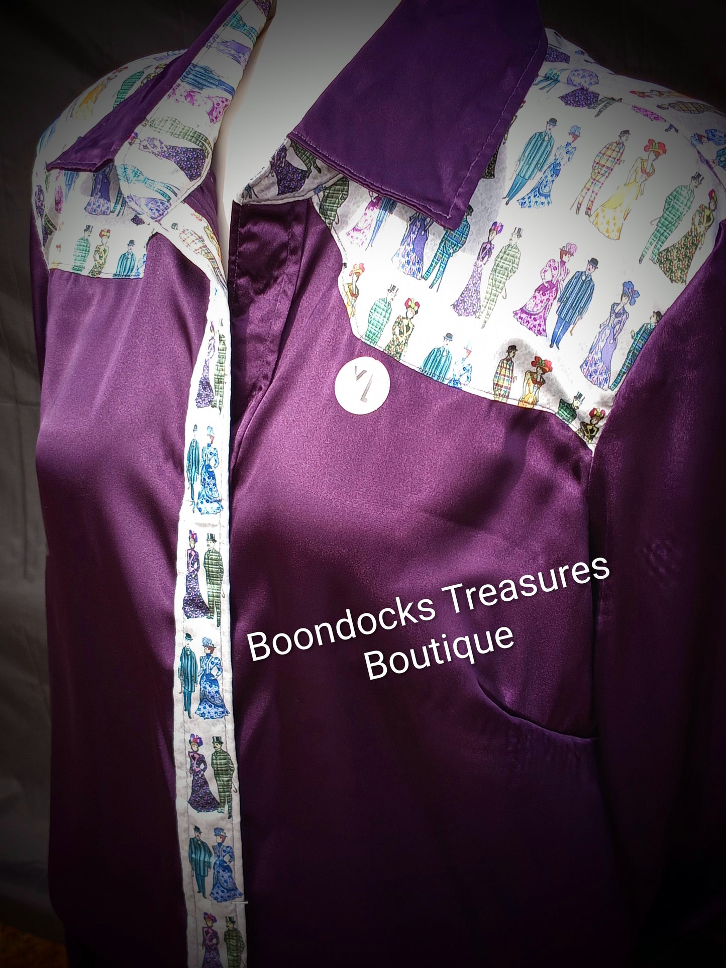 Purple satin shirt w/ Victorian Fashion print ACCENTS- Women's and Teen's Handmade Button up Shirts Pearl Snap Shirts Western Shirts Rodeo Shirts Show Shirts