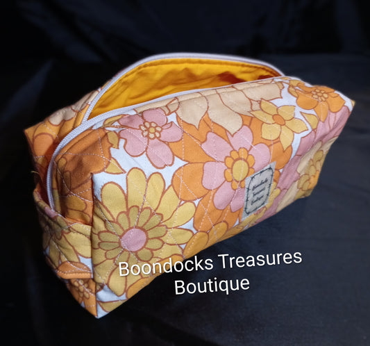 "Groovy Flowers" Quilted Makeup Bag- One of a Kind- Handmade