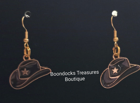Black and Gold Cowgirl Hat with Star detail Handmade Earrings