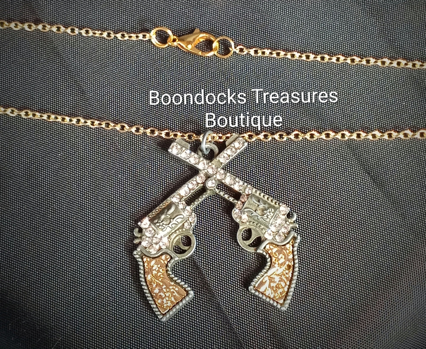 Rhinestone Dueling Pistols Pendant Necklace - Handmade- Silver and Gold