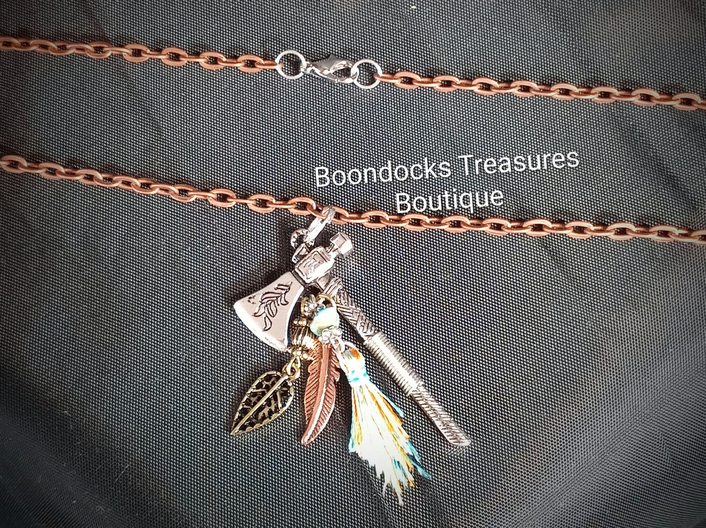 Silver Tomahawk Pendant w Feather on Copper Necklace- Handmade