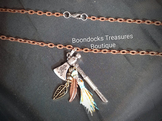 Silver Tomahawk Pendant w Feather on Copper Necklace- Handmade