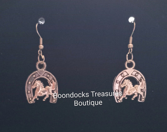 Silver Running Horse with Lucky Horseshoe Handmade Earrings