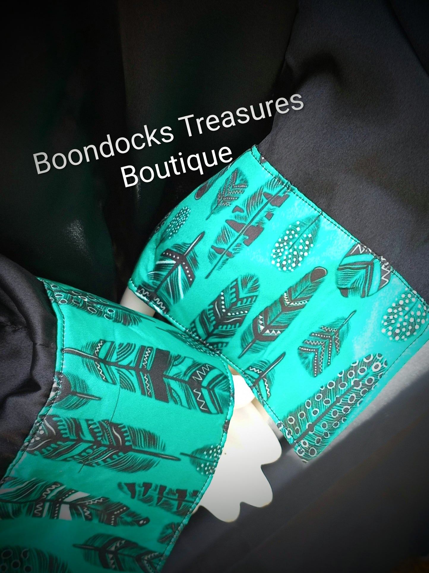 Black satin shirt w/ feathers on teal print ACCENTS- Women's and Teen's Handmade Button up Shirts Pearl Snap Shirts Western Shirts Rodeo Shirts Show Shirts