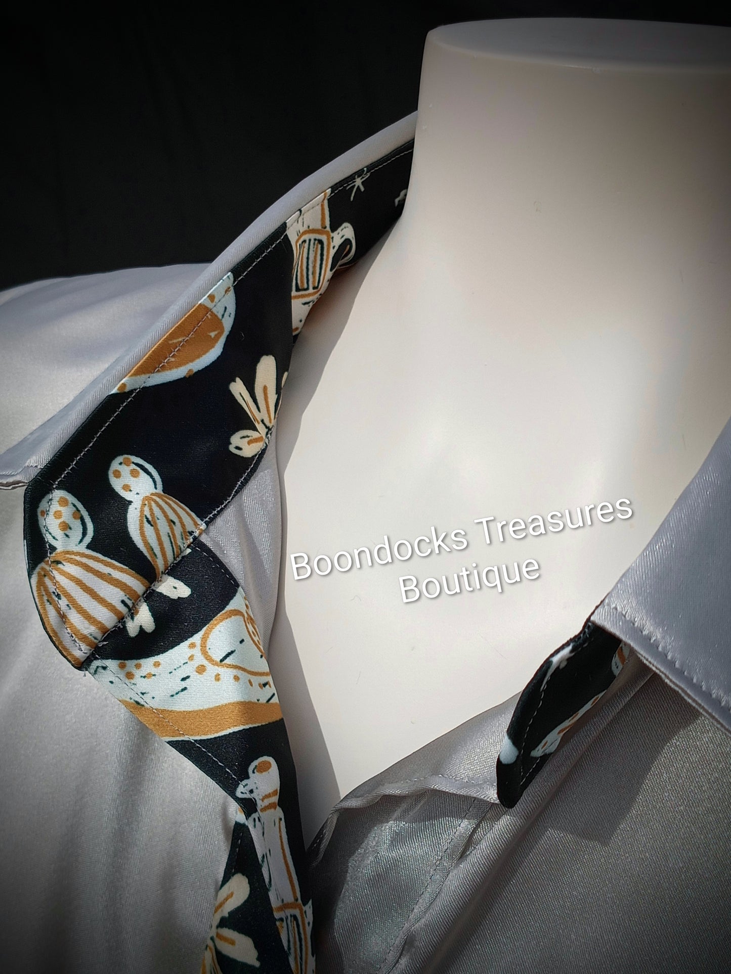 PLATNIUM-SILVER satin shirt w/ "COWBOY DOODLES" print ACCENTS- Women's and Teen's Handmade Button up Shirts Pearl Snap Shirts Western Shirts Rodeo Shirts Show Shirts