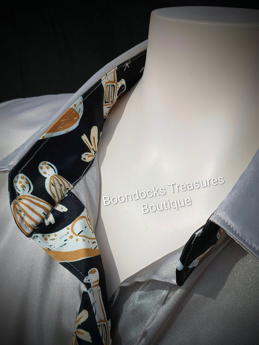 PLATNIUM-SILVER satin shirt w/ "COWBOY DOODLES" print ACCENTS- Women's and Teen's Handmade Button up Shirts Pearl Snap Shirts Western Shirts Rodeo Shirts Show Shirts