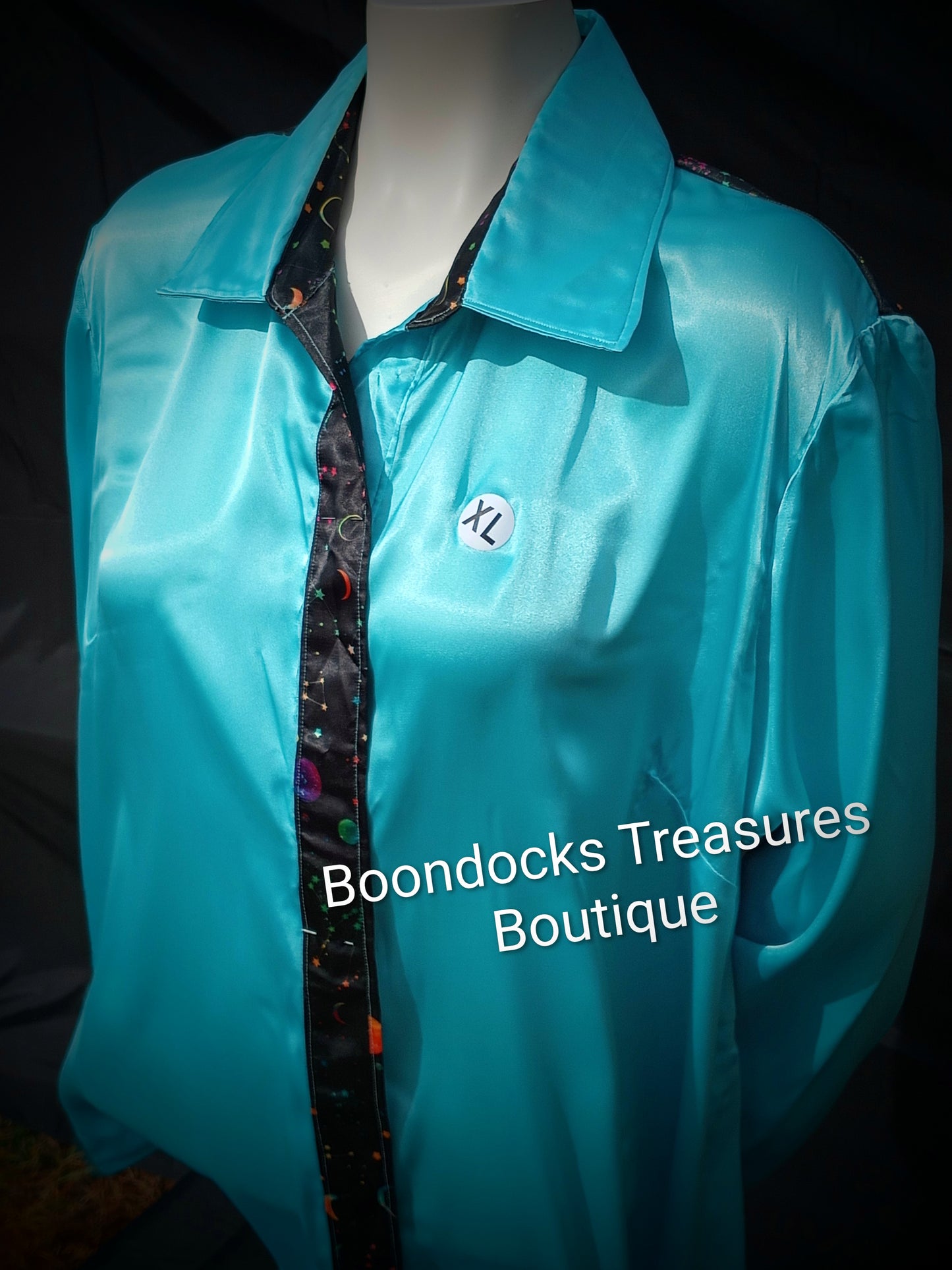 Turquoise satin shirt w/ rainbow constellations print ACCENTS- Women's and Teen's Handmade Button up Shirts Pearl Snap Shirts Western Shirts Rodeo Shirts Show Shirts