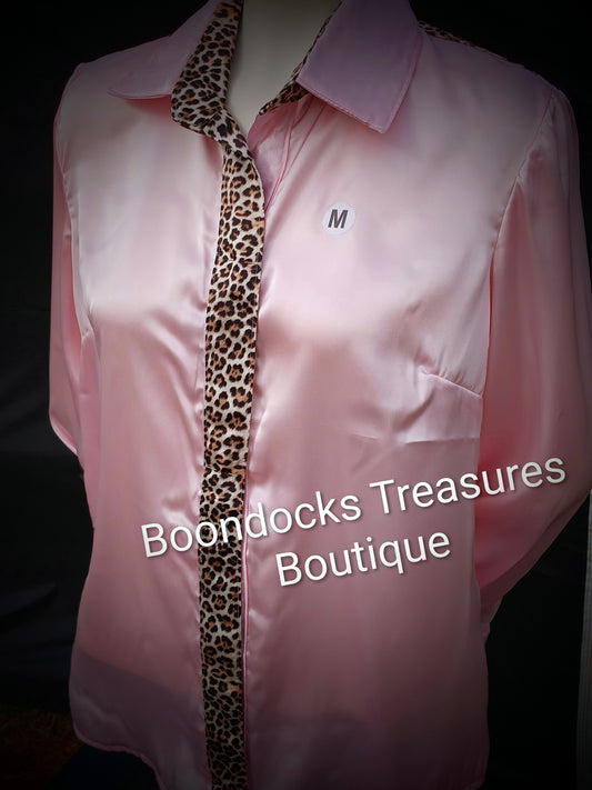 Baby Pink Satin w/ Cheetah print ACCENTS- Women's and Teen's Handmade Button up Shirts Pearl Snap Shirts Western Shirts Rodeo Shirts Show Shirts