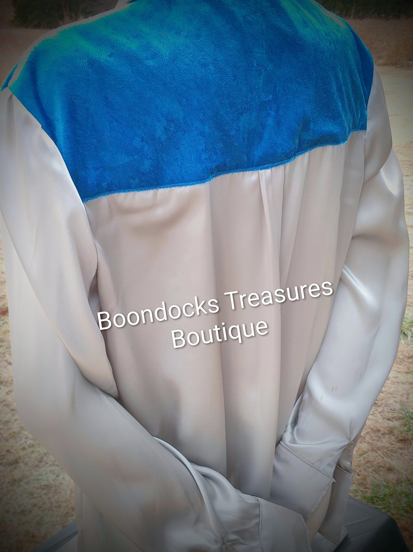 SILVER-GRAY satin w/ BLUE crushed velvet ACCENTS- Women's and Teen's Handmade Button up Shirts Pearl Snap Shirts Western Shirts Rodeo Shirts Show Shirts