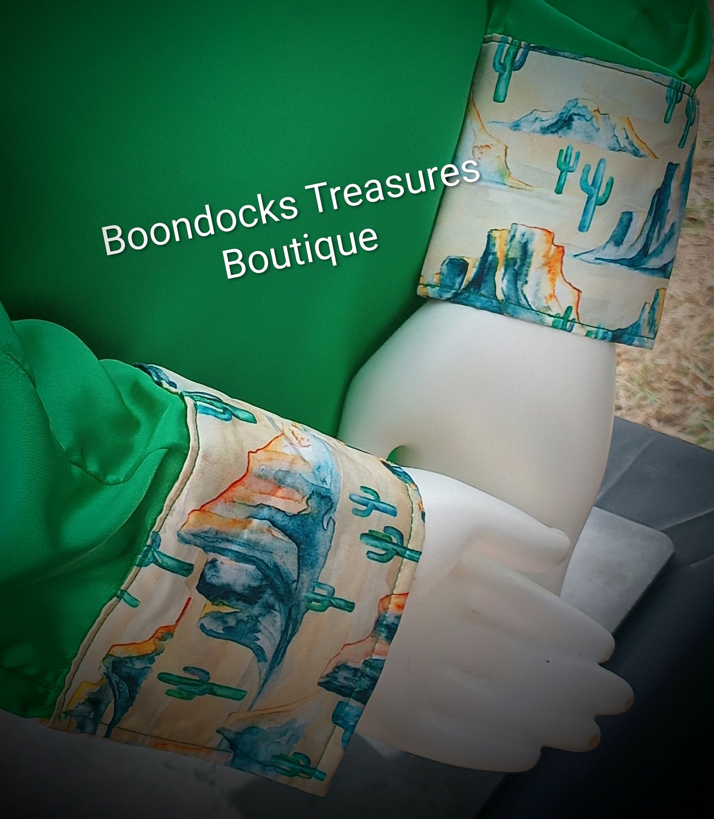 Green satin shirt w/ desert buttes print ACCENTS- Women's and Teen's Handmade Button up Shirts Pearl Snap Shirts Western Shirts Rodeo Shirts Show Shirts