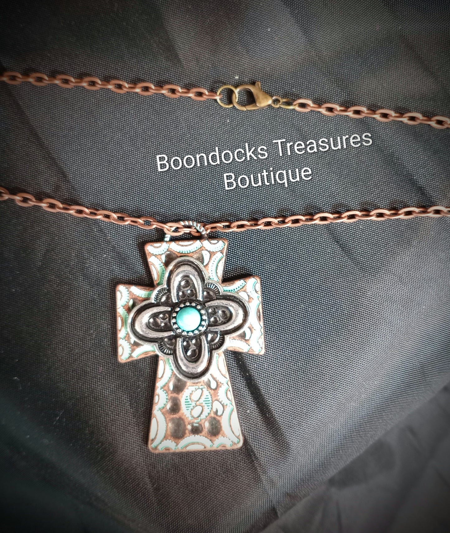 Silver and Turquoise Cross Pendant Necklace w Antique Brass Chain - Handmade