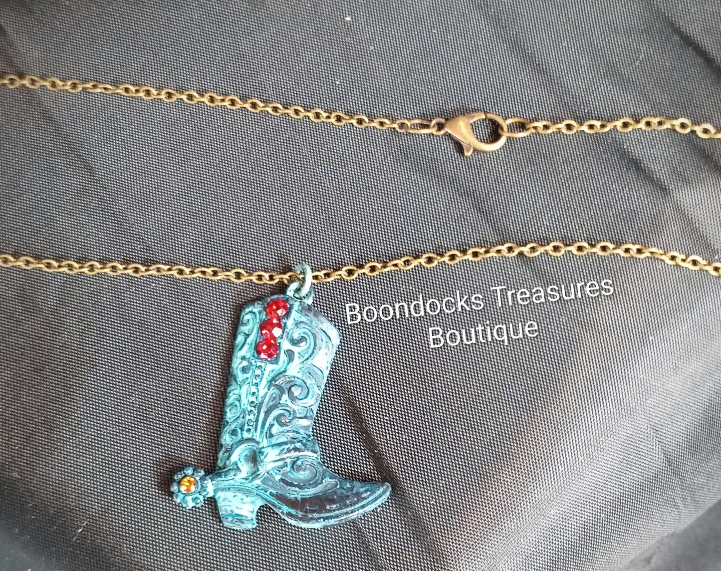 Turquoise 3D Cowboy Boot w rhinestones Pendant Necklace on Antique Brass Chain- Handmade