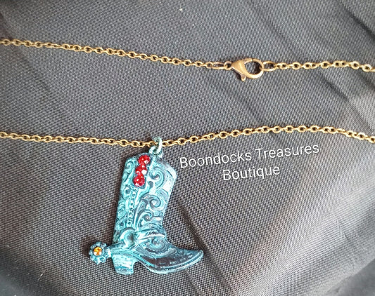 Turquoise 3D Cowboy Boot w rhinestones Pendant Necklace on Antique Brass Chain- Handmade