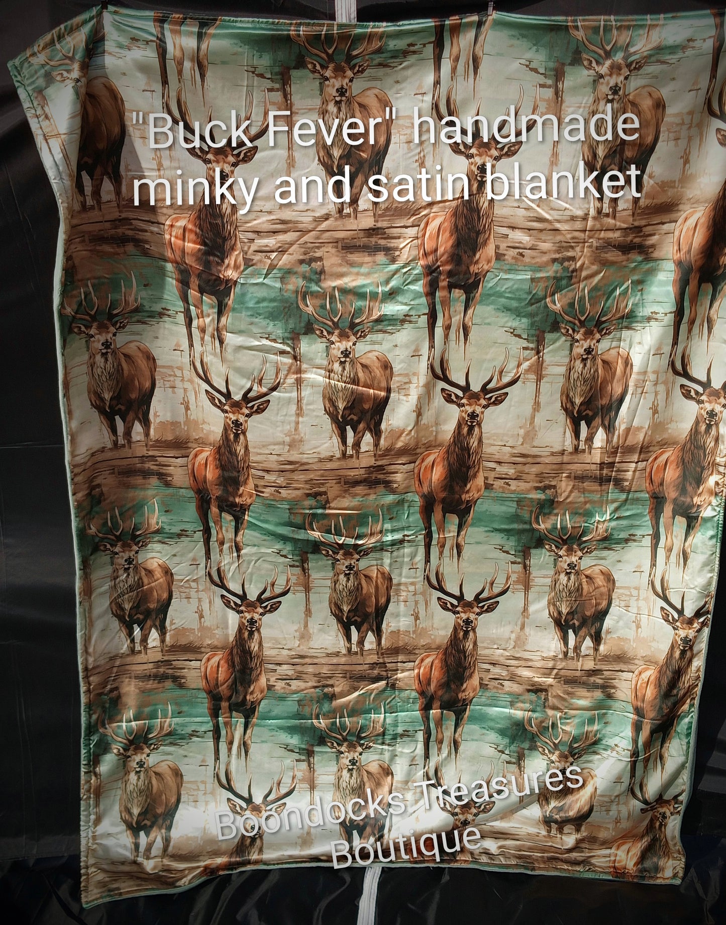 "Buck Fever" handmade plush fleece and satin blanket