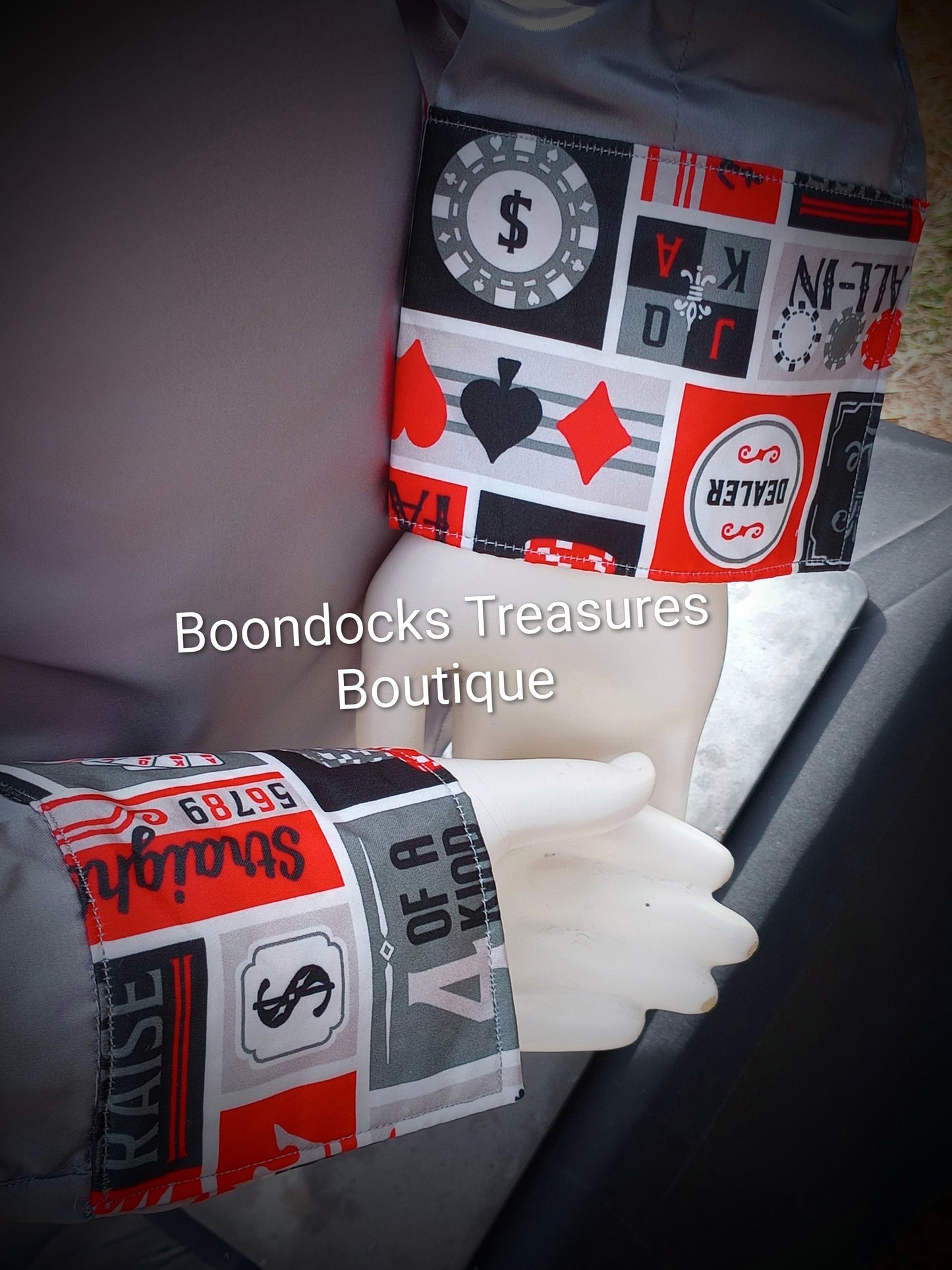 SILVER-GRAY satin shirt w/ ALL IN POKER print ACCENTS- Women's and Teen's Handmade Button up Shirts Pearl Snap Shirts Western Shirts Rodeo Shirts Show Shirts