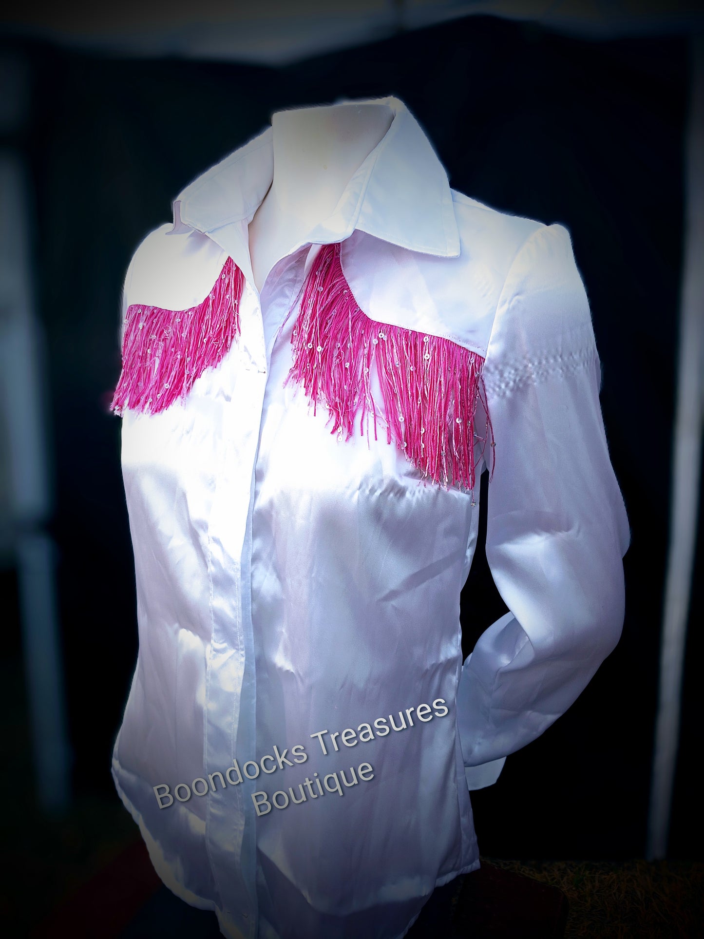 WHITE satin w/ PINK sparkly fringe ACCENTS- Women's and Teen's Handmade Button up Shirts Pearl Snap Shirts Western Shirts Rodeo Shirts Show Shirts