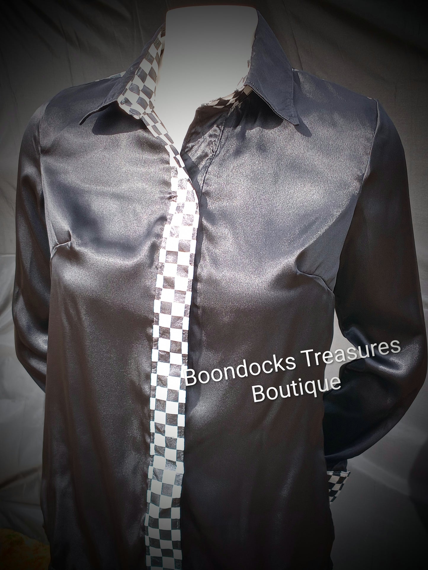 Black satin shirt w/ checkerboard print ACCENTS- Women's and Teen's Handmade Button up Shirts Pearl Snap Shirts Western Shirts Rodeo Shirts Show Shirts