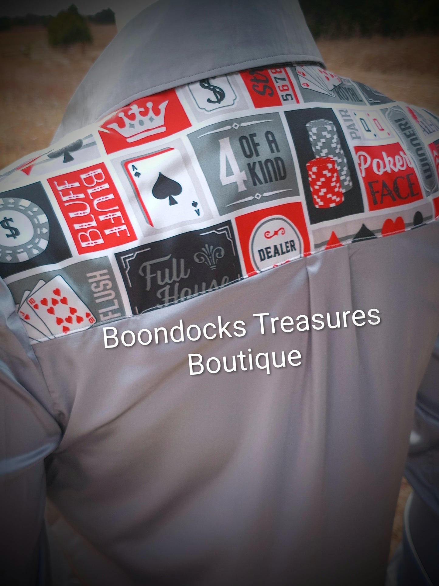 SILVER-GRAY satin shirt w/ ALL IN POKER print ACCENTS- Women's and Teen's Handmade Button up Shirts Pearl Snap Shirts Western Shirts Rodeo Shirts Show Shirts