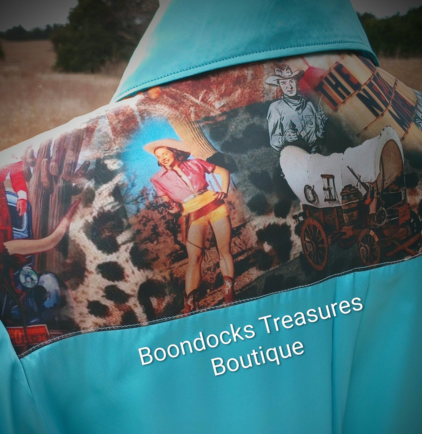 Turquoise satin shirt w/ "You Ain't No Cowboy" print ACCENTS- Women's and Teen's Handmade Button up Shirts Pearl Snap Shirts Western Shirts Rodeo Shirts Show Shirts