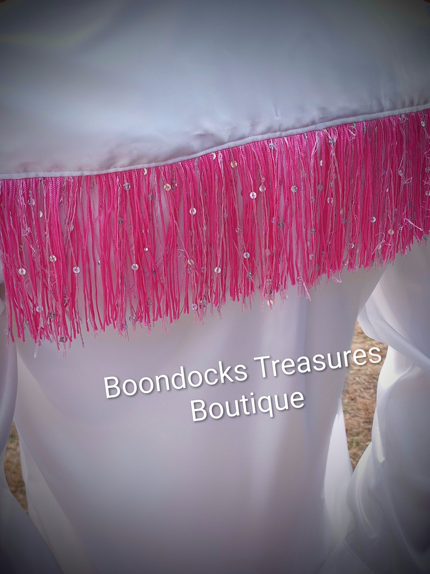 WHITE satin w/ PINK sparkly fringe ACCENTS- Women's and Teen's Handmade Button up Shirts Pearl Snap Shirts Western Shirts Rodeo Shirts Show Shirts