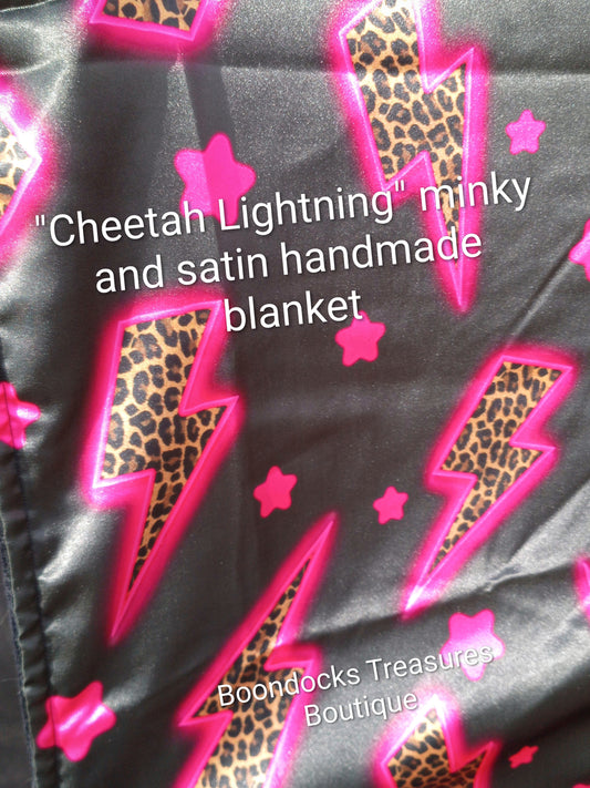 "Cheetah Lightning" handmade minky and satin blanket