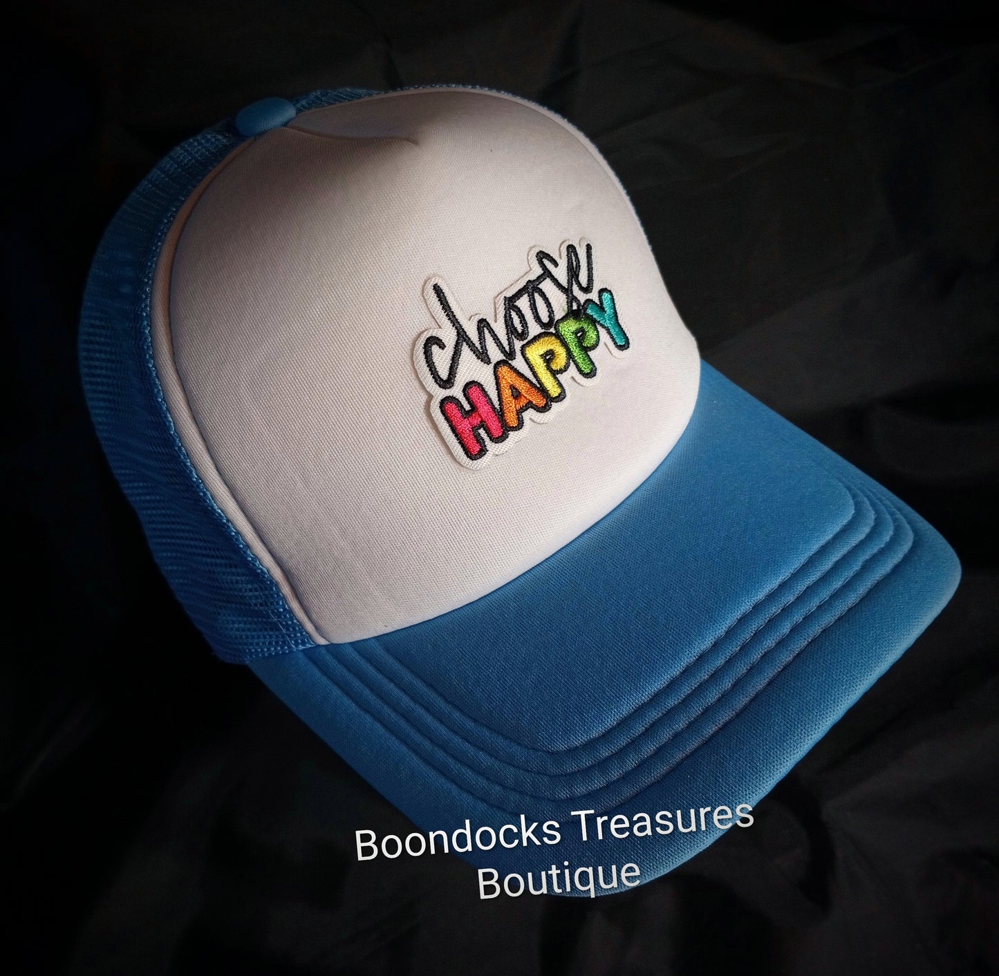 "Choose Happy" Patch embellished in- house on Light Blue 🩵 Trucker Hat